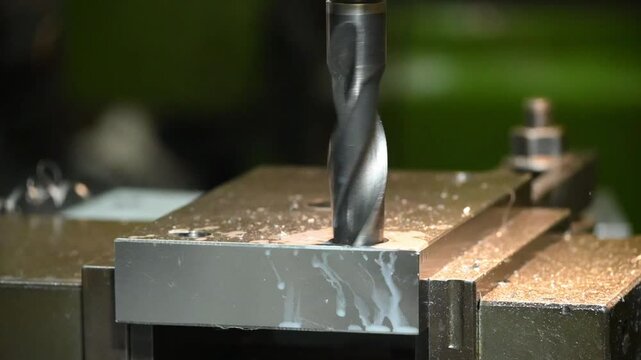 Slow motion scene the hole drilling  process on NC milling machine.