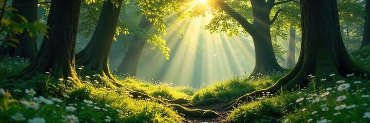 Sunlit Mossy Forest Floor Tranquil Ancient Woods, Peaceful Nature Scene
