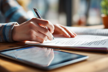 Close-up of hands writing in a coding notebook beside a tablet displaying IT-related tutorial, on a wooden table
