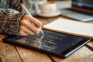 Close-up of hands writing in a coding notebook beside a tablet displaying IT-related tutorial, on a wooden table