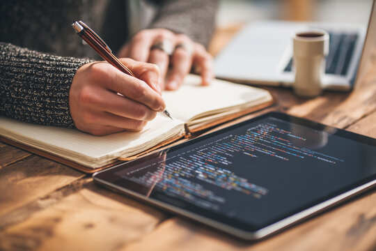 Close-up of hands writing in a coding notebook beside a tablet displaying IT-related tutorial, on a wooden table