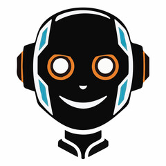 
A stylized vector illustration of a robotic head with a black face, white and blue accents, and orange-rimmed eyes, featuring a friendly smile.