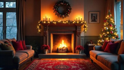 Warm & Inviting Living Room with Festive Fireplace Decor, Glowing Candles, and Holiday Ornaments Creating a Cozy Atmosphere