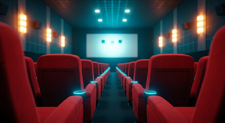 Fototapeta premium Empty red cinema seats illuminated by blue and orange lights facing a bright screen