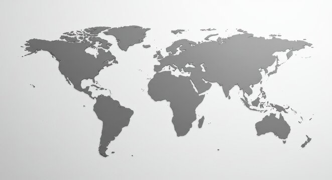 A grayscale world map, displaying all continents and major landmasses.