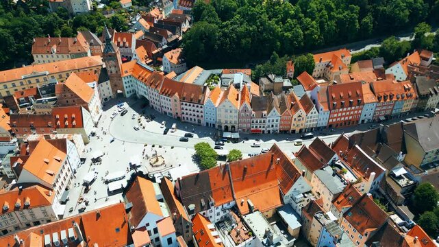 Landsberg am Lech, charming Bavarian town captured from drone. Historic old town, Lech River, Mari&auml; Himmelfahrt Church, aquapark, small waterfall and colorful summer scenery