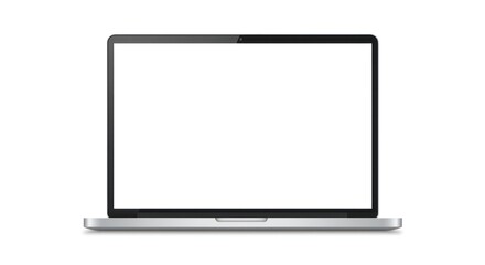 A sleek silver laptop with a blank white screen, isolated on a white background.
