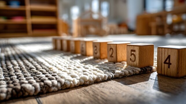 Wooden number rods on a textured learning rug