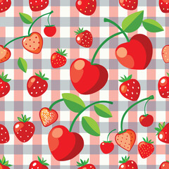 seamless pattern with cherries and strawberries on gingham for banners, cards, flyers, social media wallpapers, 

