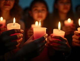 Hands Holding Candles at Hiroshima Day Vigil – Emotional Night Scene