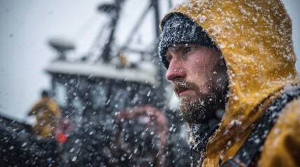 Fisherman braving the snowstorm on a fishing boat