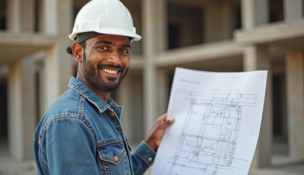 future indian architect posing with building draft