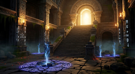 Obraz premium Ancient stone temple with glowing runes and magical energy pillars leading to a bright portal
