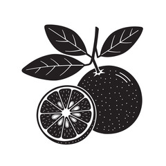 Black and white vintage art silhouette of oranges with leaves and slice isolated on white background