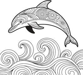 Intricate Zentangle Dolphin Leaping Over Ocean Waves: Playful, Whimsical Line Art Illustration for Coloring Book, Adult Coloring Pages