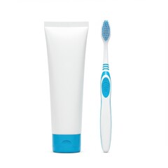 White plastic toothpaste tube with blue cap alongside a manual toothbrush, isolated on white, perfect for dental care branding or mockup use.