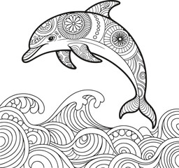 Intricate Zentangle Dolphin Leaping Over Ocean Waves: Playful, Whimsical Line Art Illustration for Coloring Book, Adult Coloring Pages © Creative Juel 