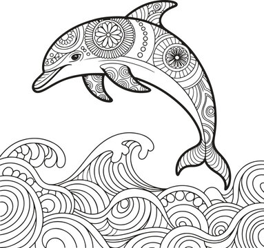 Intricate Zentangle Dolphin Leaping Over Ocean Waves: Playful, Whimsical Line Art Illustration for Coloring Book, Adult Coloring Pages