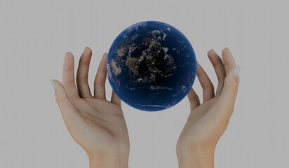 Hand and globe, love the world concept, white background, 3D illustration