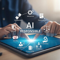 Responsible AI Concept with Business Professional Interacting with Digital Tablet, Showcasing Ethics, Fairness, Security, and Compliance in Artificial Intelligence Development