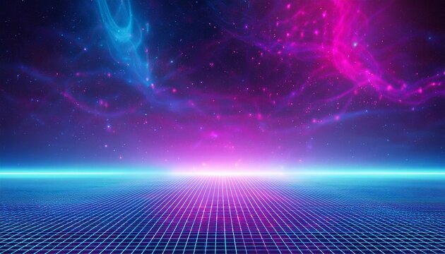 synthwave vaporwave retrowave cyber background with copy space laser grid starry sky blue and purple glows with smoke and particles futuristic neon scene with retro aesthetics and depth