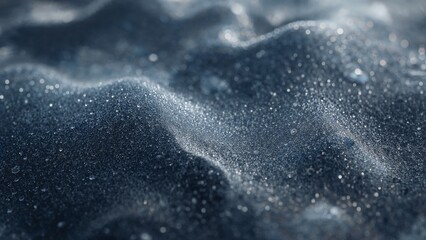 Future Dust Aesthetic: Close-Up of Sparkling Micro-Particles on a Textured Wavy Surface in Muted Blues, Creating a Mysterious and Abstract Background for Science or Digital Art.