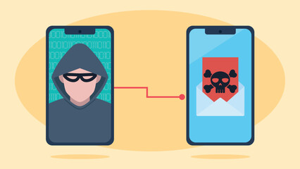 Hacker sends emails with a virus. On the screen of a mobile phone a hacker who takes control of another phone. Email with a virus. Flat design vector. A man in a mask and hood.