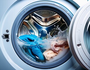 washing machine s drum filled with water and clothes