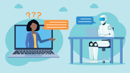 Conversation of a client with an AI assistant. Question to the chatbot. Chatbot and client, problem solving. Conversation of employees in the company. Problem solving and consultation. Flat design.