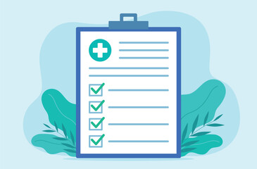 Medical checklist. Flat design vector. Illustration of Patient test results document. Green checkers. Medical document.