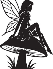 Fairy Sitting on Mushroom Silhouette – Whimsical Forest Fantasy Vector, Enchanted Fairy on Toadstool – Magical Black and White Silhouette Art