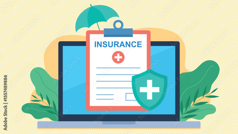 Poster insurance document on laptop screen. document protected by shield and umbrella. flat design vector. 