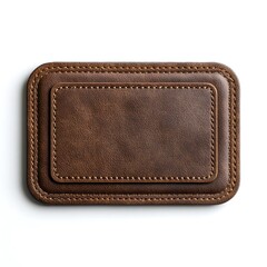 Brown leather patch with double stitching, isolated on white background