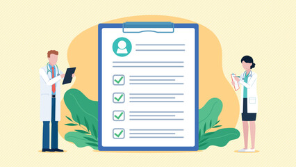 Doctors standing by the checklist with patient data. Document with test results. Doctor with tablet and doctor with notebook. Test and result. Patient health analysis. Flat design vector.