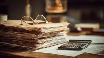 Stack of old paper documents with eyeglasses and calculator representing accounting and finance