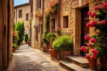 Stone paved narrow street with colorful flowers decorating the building facades in a charming italian medieval town