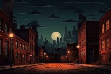 Obraz premium Dark and moody cityscape with empty street, old brick buildings, glowing street lamps and large moon illuminating the skyline at night