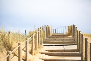 Wooden boardwalk pathway leading through sand dunes to the beach on a sunny day. Surrounded by tall...