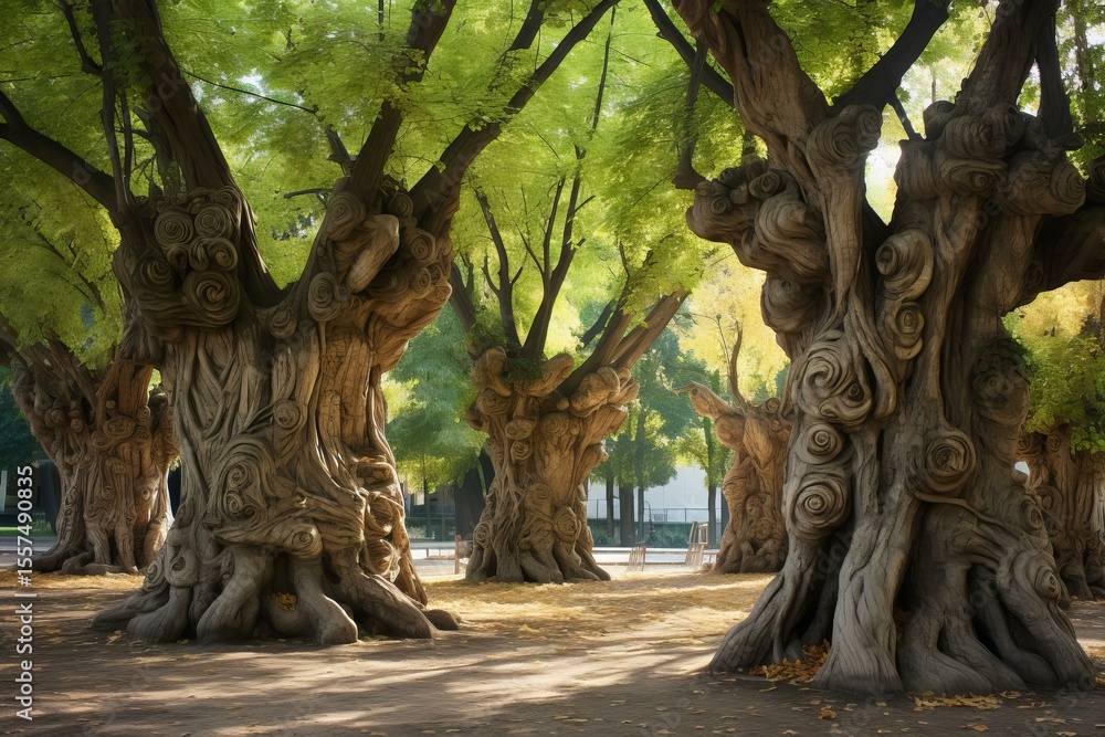 Poster sunlight filters through the canopy of gnarled and twisted trees, creating a mystical and enchanting