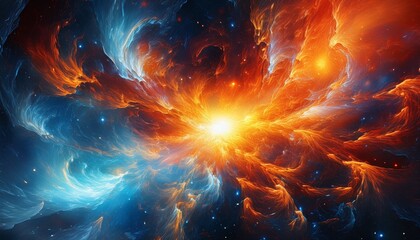dynamic explosion of fiery orange and blue hues radiating in a cosmic nebula scene