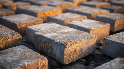 Rows of gray, weathered concrete pavers. Close-up of rectangular blocks.