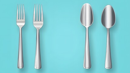 Shiny Silver Forks Spoons Cutlery Set on Blue Background