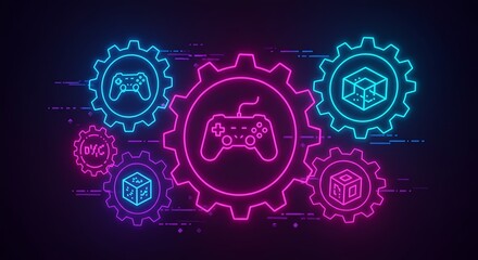 Neon game controllers and 3D cubes interlock within glowing gears, symbolizing game development and technology.