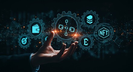 A person's hand reaching towards a series of digital financial icons.