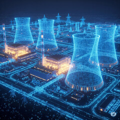 Futuristic Nuclear Power Plant with Digital Grid Overlay and Energy Transmission
