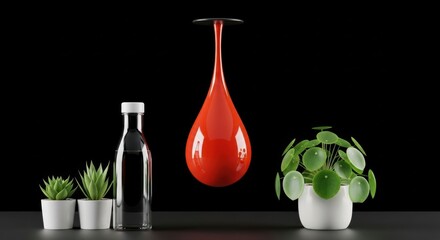 Arrangement of plants, bottle and a red teardrop shaped decoration object