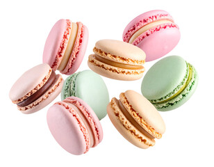 Colorful macarons in various flavors arranged neatly. Transparent background
