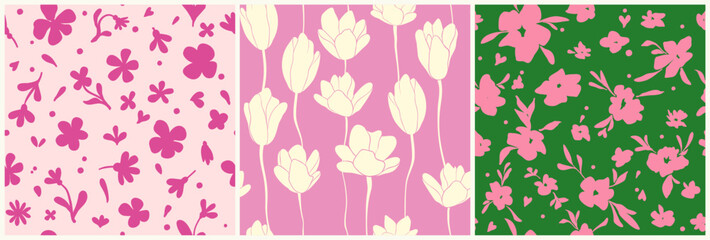 Set of summer and spring seamless floral patterns, trendy colors, ink, linear vector, concise, contrasting, handmade ink drawing for fabric design, ceramics, and postcards