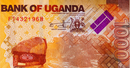 Banknote 1000 shillings Uganda 2022 printing. Fragments for design. paper money of Uganda