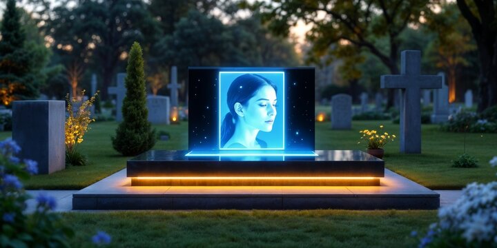 Futuristic smart grave with glowing digital portrait of a woman on a high-tech headstone, blending advanced memorial technology with serene cemetery landscape at golden hour.